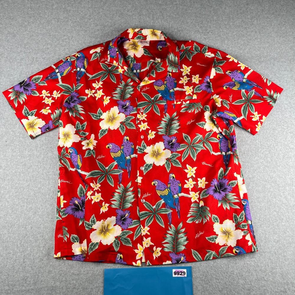 Kalena Fashions Shirt XL Red Purple Parrot Tropical Button Up Short Sleeve Mens